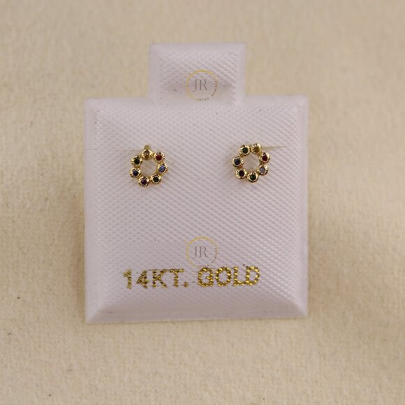 14K Solid Gold Circle Stud Earrings with Multicolor CZ · 4mm Dainty Design. - Picture 1 of 8